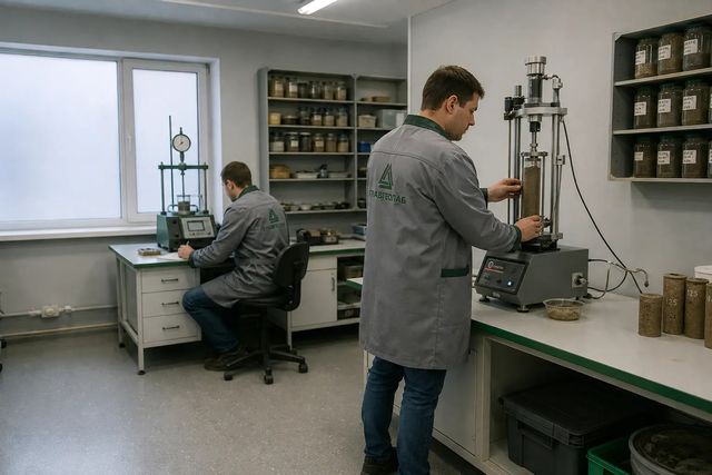 Сотрудники Главгеолаб выполняют лабораторные испытания образцов грунта